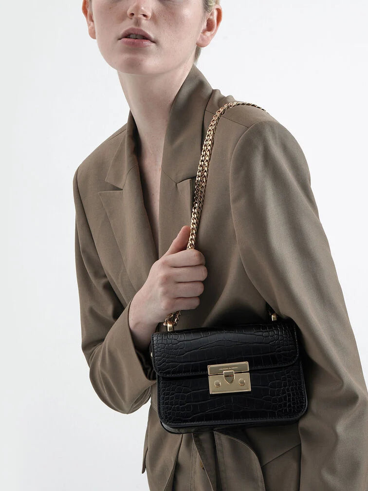 Charles & Ke*th - Alva Croc-Effect Chain Strap Crossbody Bag - Black