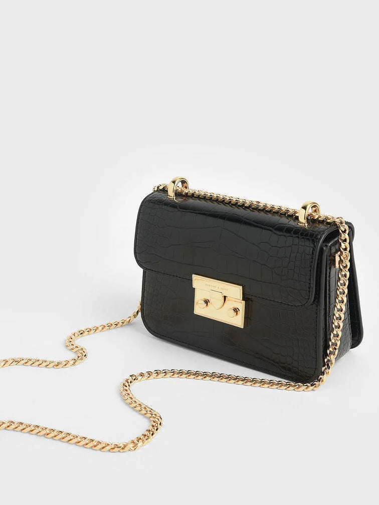 Charles & Ke*th - Alva Croc-Effect Chain Strap Crossbody Bag - Black
