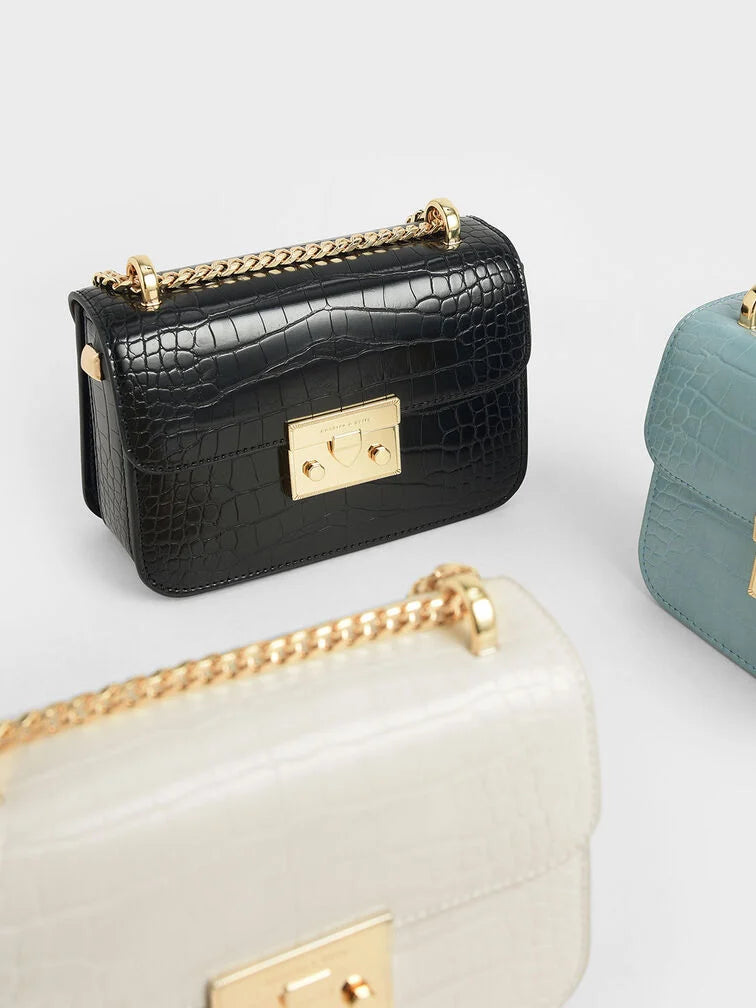 Charles & Ke*th - Alva Croc-Effect Chain Strap Crossbody Bag - Black