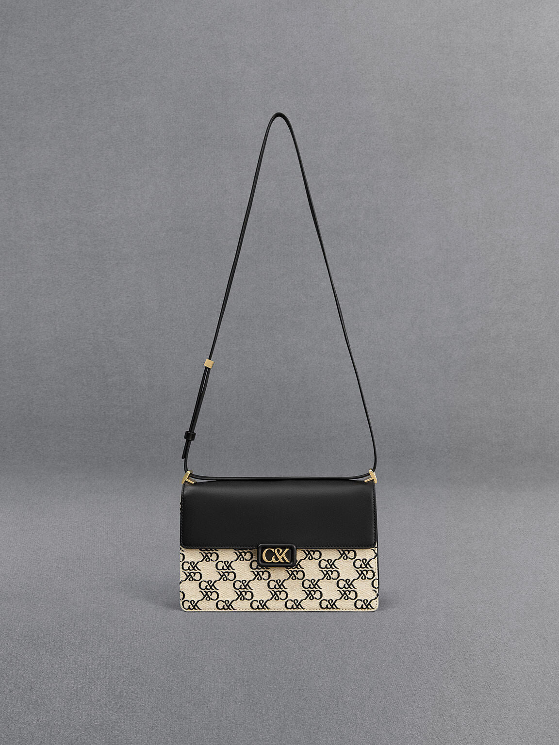 Charles & Ke*th -  Leather & Canvas Monogram Shoulder Bag - Black