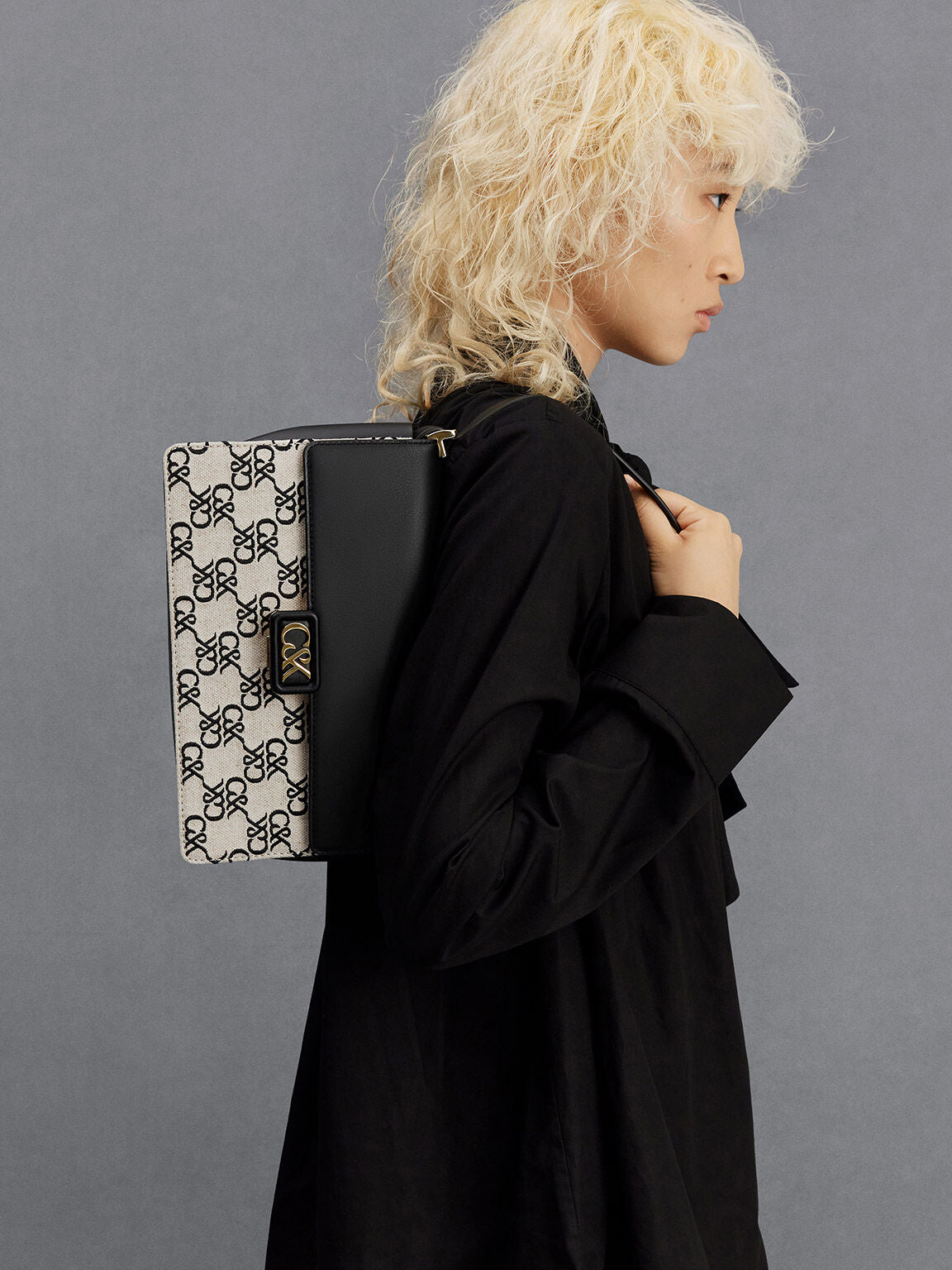 Charles & Ke*th -  Leather & Canvas Monogram Shoulder Bag - Black