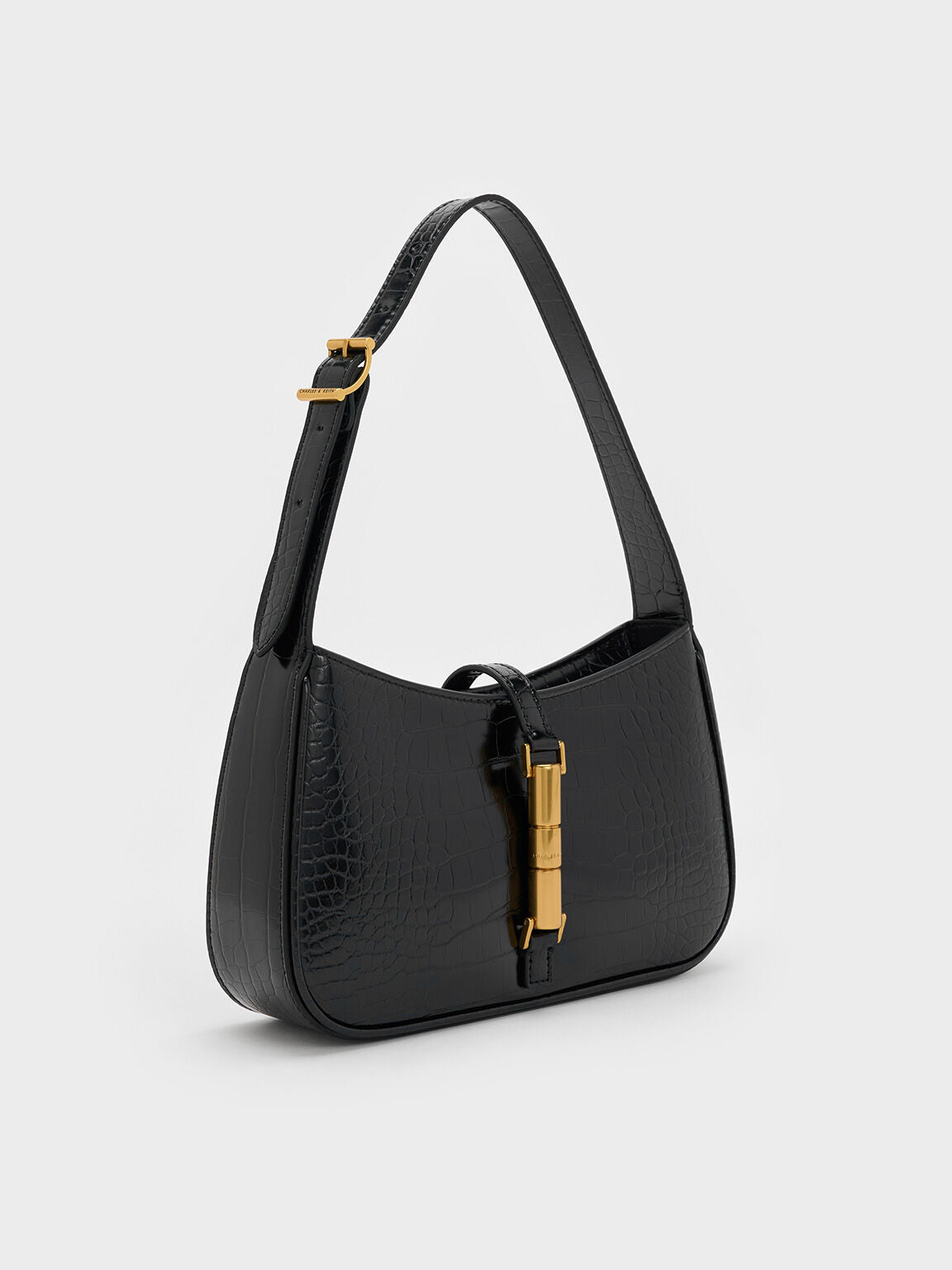 Charles & Ke*th -  Cesia Croc-Effect Metallic-Accent Shoulder Bag - Black