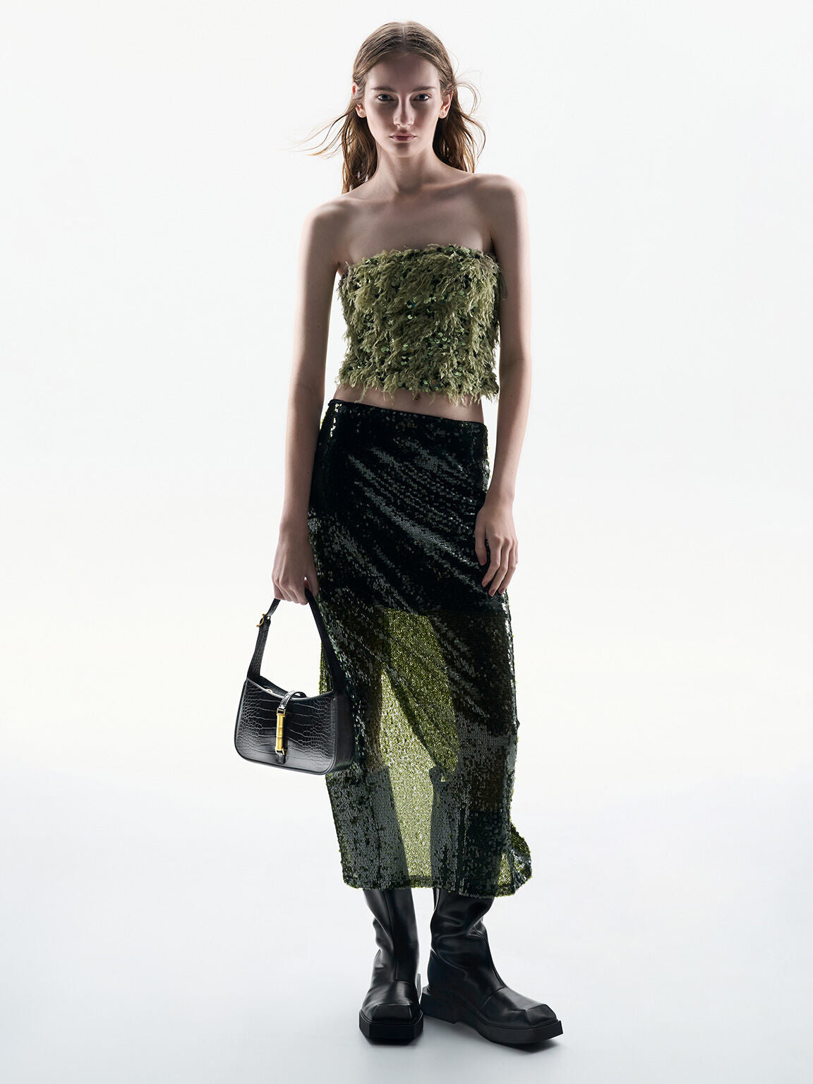 Charles & Ke*th -  Cesia Croc-Effect Metallic-Accent Shoulder Bag - Black
