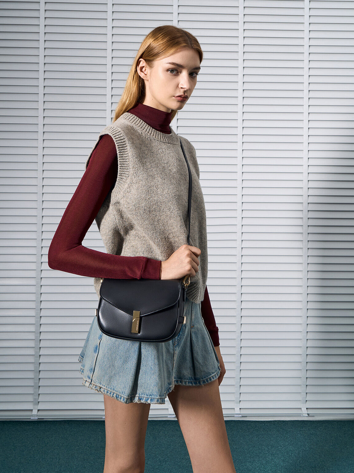 Charles & Ke*th - Aurelia Faux Suede Metallic-Accent Saddle Bag - Black