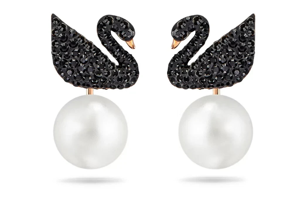 Swar*vski - Iconic Swan Jacket Earring Black Swan Rose Gold Plated-5193949-ON SALE