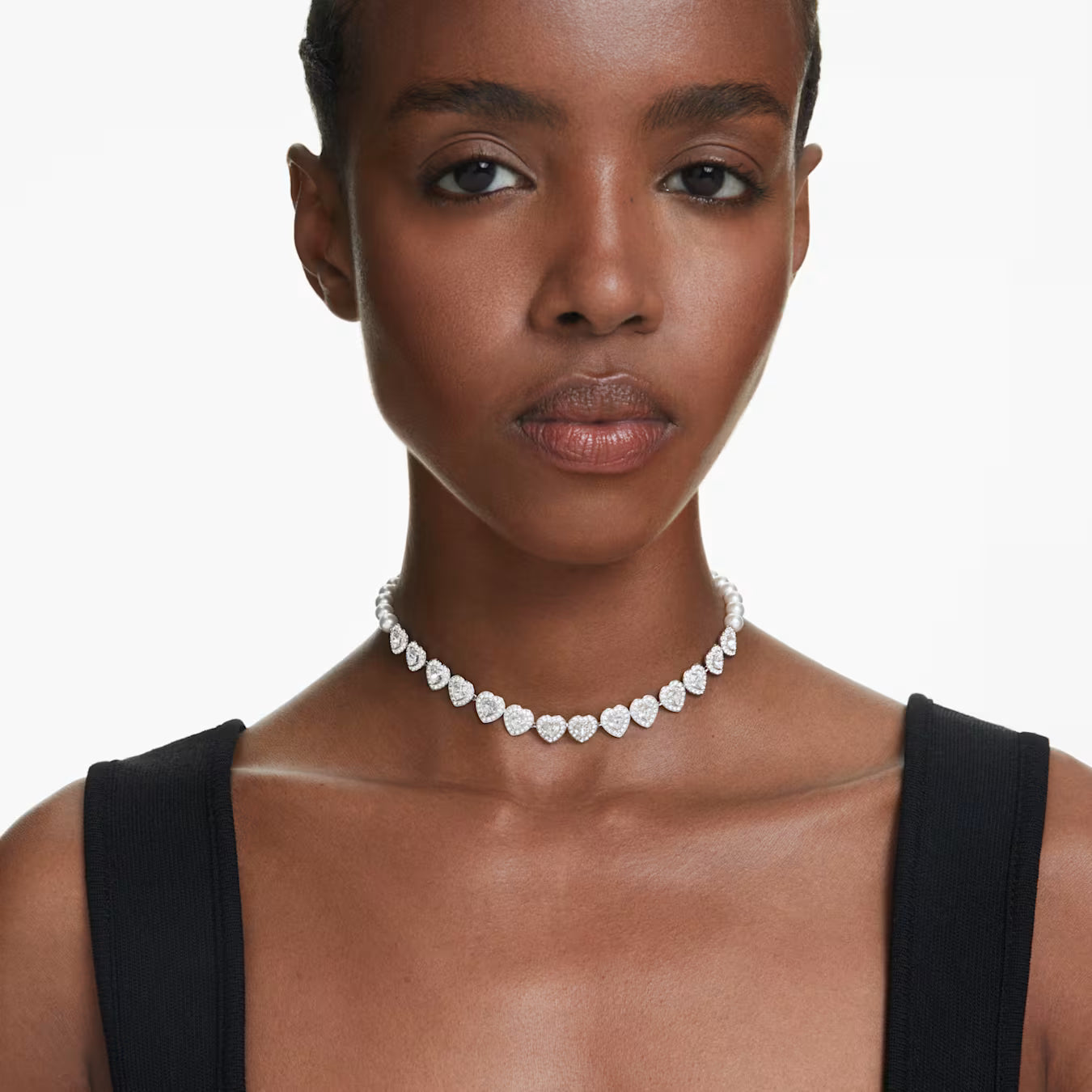 Swar*vski -Tennis choker-Mixed cuts, Crystal pearl, Heart, White, Rhodium plated- 5720861