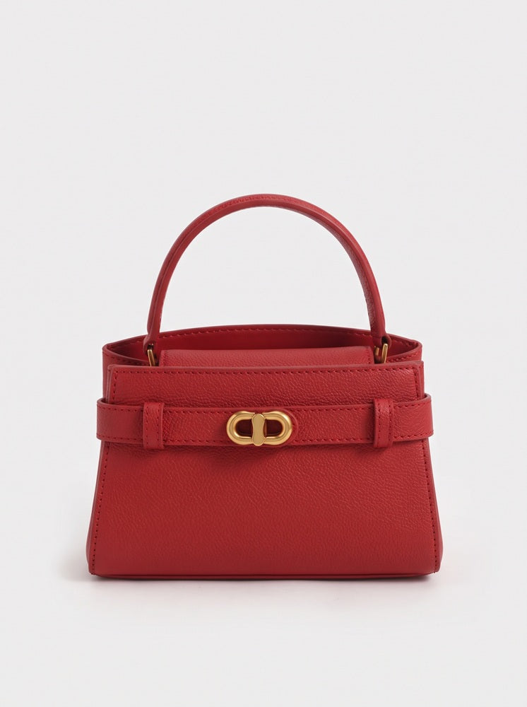 Aubrielle Belted Top Handle Bag - RED حقيبة أوبرييل بحزام ومقبض علوي – أحمر