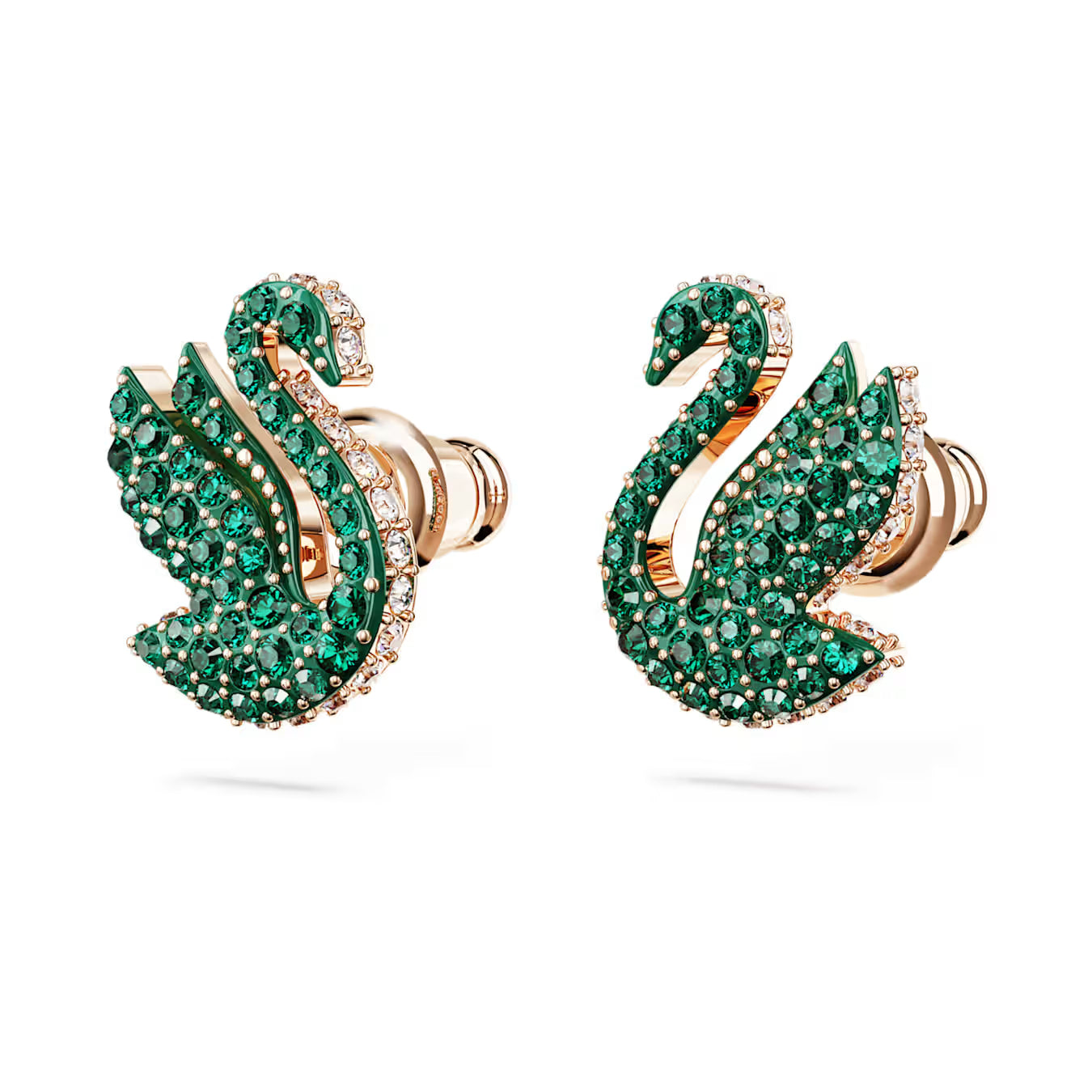Swar*vski -Swan stud earrings Swan, Green, Rose gold-tone plated
